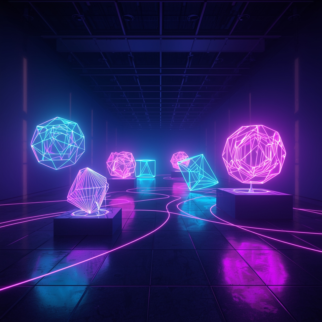 A futuristic digital art gallery with floating holographic neon sculptures, abstract geometric shapes, vibrant ultraviolet and cyan light trails, cinematic lighting, 8k resolution, ultra-detailed. No people.